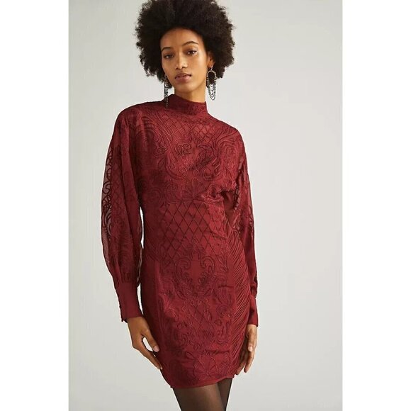 Anthropologie Dresses & Skirts - Anthropologie Lace Mini Long Sleeve Dress Wine Red NWT 12 Romantic